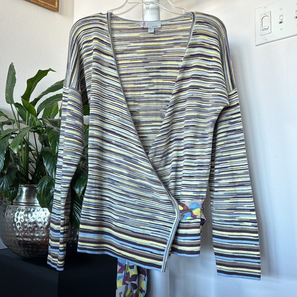 Missoni Women's Wool Silk Blend Knit Wrap Sweater Sz L Striped V Neck Blue Gray
